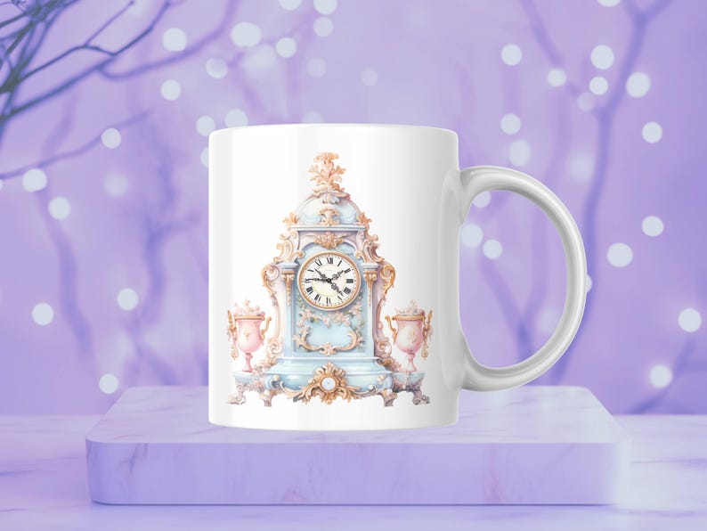 May include: White ceramic mug with a blue and gold ornate clock design. The clock face has Roman numerals and black hands. The mug has a white handle.