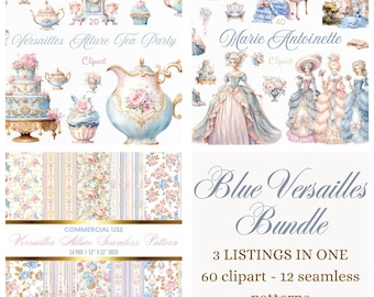 Watercolor Rococo Clipart Bundle: Marie Antoinette, Versailles (PNG)