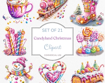 May include: A set of 21 digital clipart images featuring a Christmas theme with candy cane, lollipop, gingerbread, and snowman designs. The text "SET OF 21 Candyland Christmas Clipart COMMERCIAL USE" is displayed on a white background.