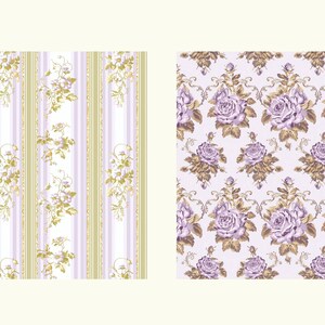 May include: Two floral patterns, one with vertical stripes and a repeating pattern of purple flowers and green leaves, the other with a repeating pattern of purple roses and gold vines on a light purple background.