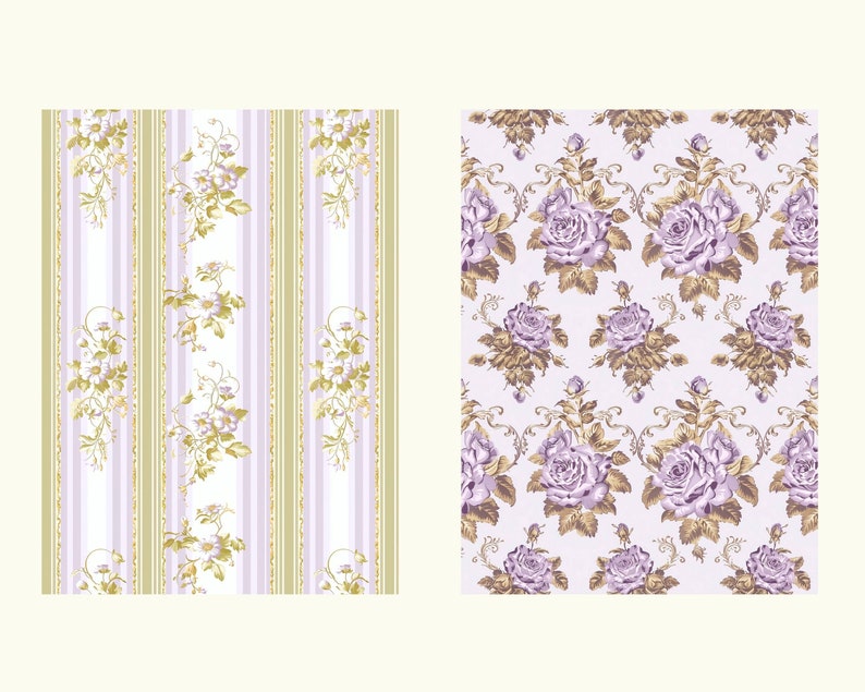 May include: Two floral patterns, one with vertical stripes and a repeating pattern of purple flowers and green leaves, the other with a repeating pattern of purple roses and gold vines on a light purple background.