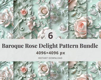3D Rococo Rose Digital Paper: Versailles Floral Pattern (PNG)