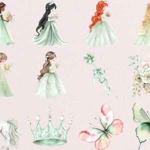 pastel green and pink princess clipart for girl room decor, nursery decor