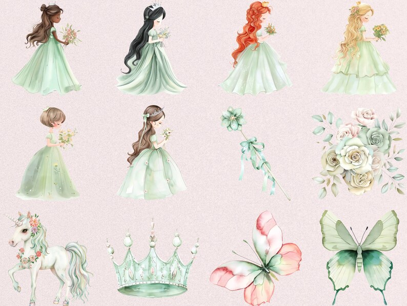 pastel green and pink princess clipart for girl room decor, nursery decor