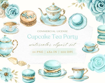 Macaron Tea Party Clipart, Blue Gold Tea PNG, Blue Macaron Illustrations, Tea Time Clipart, Tea Cup Clipart, Tea Party PNG, Macaron Clipart