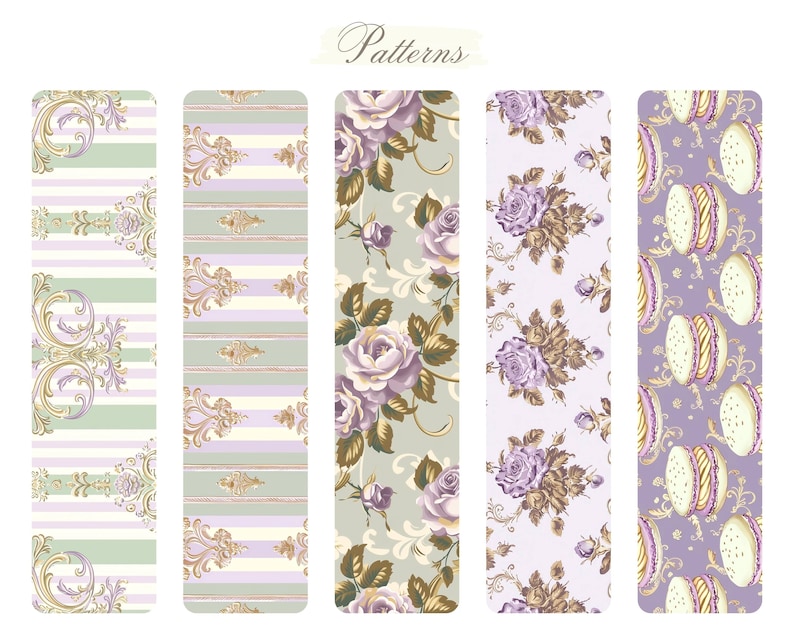 May include: Five different seamless patterns in a vintage style. The patterns include a striped background with a gold floral design, a striped background with a gold scroll design, a floral pattern with purple roses on a green background, a floral pattern with purple roses on a white background, and a purple background with a pattern of macarons.