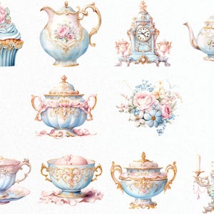 May include: A set of vintage-inspired tea party decorations featuring a blue and gold teapot, sugar bowl, creamer, teacup, cupcake, clock, floral arrangement, and candlestick.