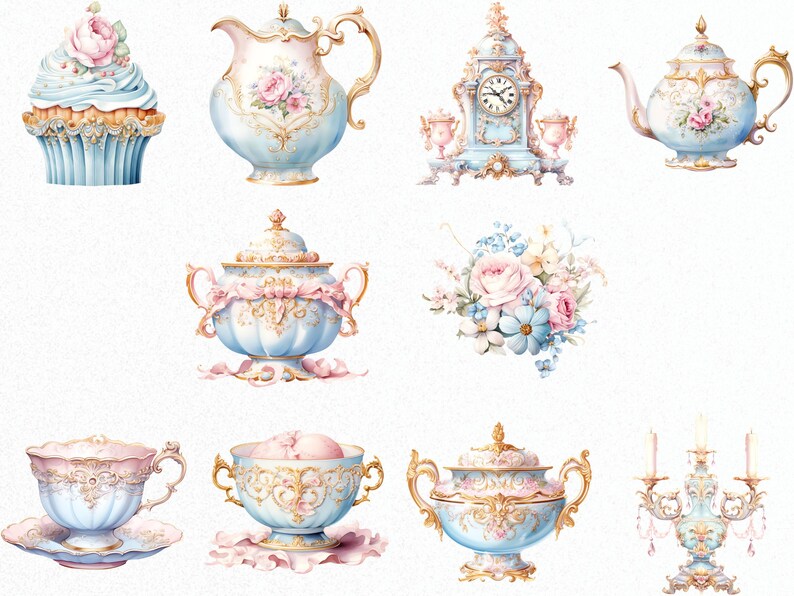 May include: A set of vintage-inspired tea party decorations featuring a blue and gold teapot, sugar bowl, creamer, teacup, cupcake, clock, floral arrangement, and candlestick.