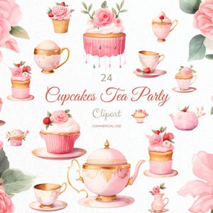 Cupcakes Teeparty Clipart, PNG Tee, Clipart für die Teezeit, ClipArt Teetasse, Rose Tea Time, Aquarell Teeparty, PNG Teeparty, Clipart-Bundle
