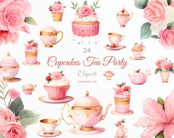 Cupcakes Tea Party Clipart, Tea PNG, Tea Time Clipart, Tea Cup Clip art, Rose Tea Time, Watercolor Tea Party, Tea Party PNG, Clipart Bundle