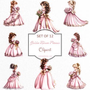 May include: Set of 12 digital illustrations of princesses in pink gowns with golden accents. The princesses are holding bouquets of flowers. The text "SET OF 12 Golden Bloom Princess Clipart COMMERCIAL USE" is displayed in a gold frame.