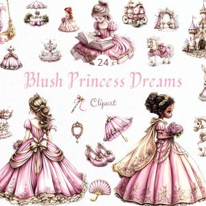 Clipart de princesa aquarela, adesivos de carrossel, clipart rosa para chá de bebê, clipart de princesa coroada, carrossel de cavalo PNG berçário