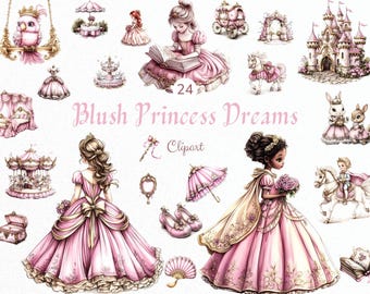 Watercolor princess Clipart, Carousel Stickers, Pink Clipart Baby Shower, crown princess clipart, Horse Carousel PNG Nursery