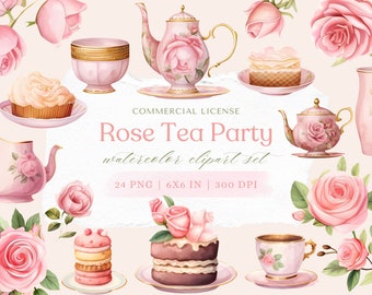 Roses Tea Party Clipart, Tea PNG, Tea Time Clipart, Tea Cup Clip art, Rose Tea Time PNG, Rose Illustration, Tea Party Illustrations