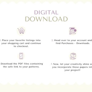 May include: A four-step guide on how to download digital files from an online store. The steps are illustrated with icons: a shopping cart, a computer screen, a mobile phone, and a box in a hand. The text reads: "DIGITAL DOWNLOAD 1. Place your favorite listings into your shopping cart and continue to checkout. 2. Head over to your account and find Purchases - Downloads. 3. Download the PDF files containing the safe link to your patterns. 4. Now, let your creativity shine as you incorporate these papers into your project!"