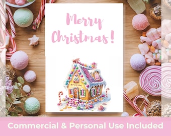 Op de afbeelding: Een witte wenskaart met de roze tekst Merry Christmas! boven een kleurrijke illustratie van een peperkoekhuisje versierd met snoep, glazuur en zuurstokken, omringd door diverse lekkernijen op een houten ondergrond.