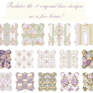 May include: A set of 14 digital paper designs in a vintage style with floral, damask, and cupcake patterns. The designs are in shades of purple, green, and white. Includes the 14 original base designs as a free bonus!