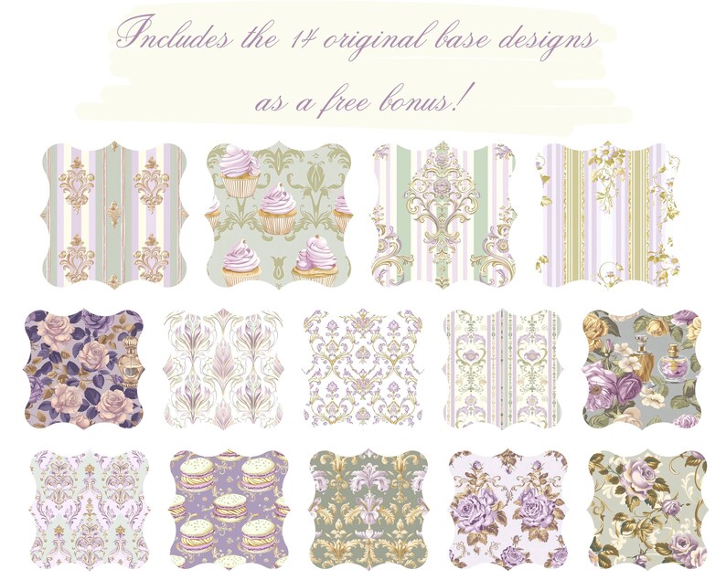 May include: A set of 14 digital paper designs in a vintage style with floral, damask, and cupcake patterns. The designs are in shades of purple, green, and white. Includes the 14 original base designs as a free bonus!
