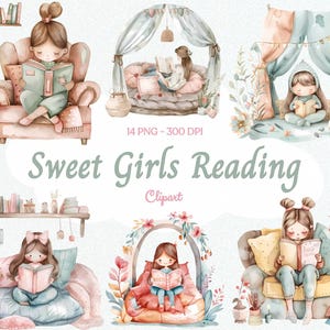 Bücherwurm Clipart, Mädchen beim Lesen Buch Clipart, Bücherwurm PNG, Aquarell Clipart, Leseecke PNG, Mädchen beim Lesen, feminines PNG