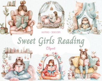 Watercolor Girl Reading Clipart: Bookworm PNG (Digital Download)