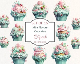 Mint Pink Cupcake Clipart: Watercolor Dessert PNG Illustrations for Scrapbooking