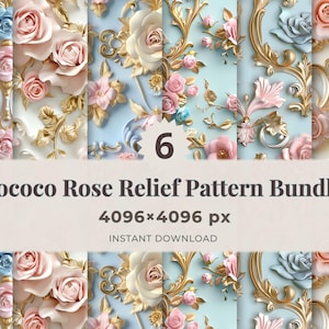 Rococo Rose 3D Digital Paper Bundle – Versailles Floral Seamless Pattern Set, Luxury Baroque PNG