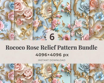 Rococo Rose 3D Digital Paper Bundle – Versailles Floral Seamless Pattern Set, Luxury Baroque PNG
