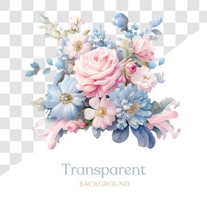 May include: A bouquet of pink, blue, and white flowers with green leaves. The flowers are arranged in a loose, natural style. The background is transparent.