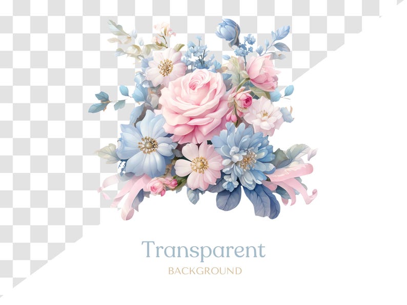 May include: A bouquet of pink, blue, and white flowers with green leaves. The flowers are arranged in a loose, natural style. The background is transparent.