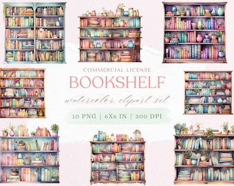 Watercolor Bookshelf Clipart: Book Lover PNG Illustrations (Digital Download)