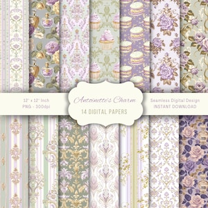 Può includere: Un set di 14 carte digitali con una varietà di motivi, tra cui disegni floreali, damascati e cupcake. Le carte sono in tonalità di viola, verde e oro e hanno una dimensione di 30,5 cm per 30,5 cm. Le carte sono perfette per lo scrapbooking, la creazione di biglietti e altri progetti di artigianato.
