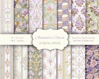 Rococo Floral Seamless Patterns: Marie Antoinette Digital Paper (PNG)