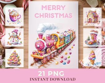 May include: A digital collection of Christmas-themed illustrations featuring a central candy-themed train with the text MERRY CHRISTMAS, surrounded by smaller images of a cocoa mug, snowman, tree, gingerbread house, stocking, and ice cream cone.