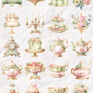 May include: A collection of watercolour illustrations featuring pastel-coloured items including ornate clocks, teapots, teacups, tiered dessert stands, cakes, macarons, floral arrangements, candelabras, and baskets on a textured white background.