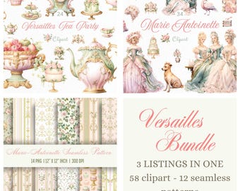 Watercolor Rococo Clipart Bundle: Marie Antoinette, Versailles (PNG)