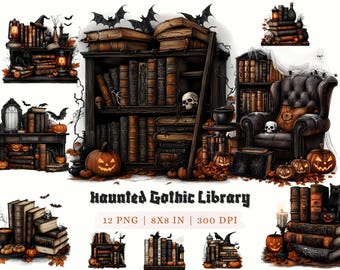 Gothic Library Clipart: Haunted Vintage Books PNG (Digital Download)