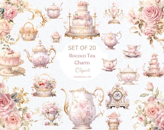 Rococo Tea Party Clipart: Pink & Gold French Palace PNG (Digital Download)
