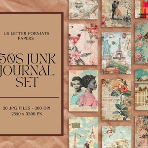 Junk Journal, collection vintage de papier numérique éphémères, aquarelle paysages, Junk Journal, papier des années 50, papier scrapbooking vintage, papier collage