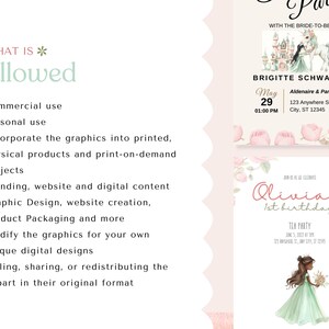 May include: A collection of invitation designs. One features a castle and unicorn, with text for a bridal shower. Another is for a tea party, with a girl in a green dress. The image also includes a list of allowed uses for the graphics.