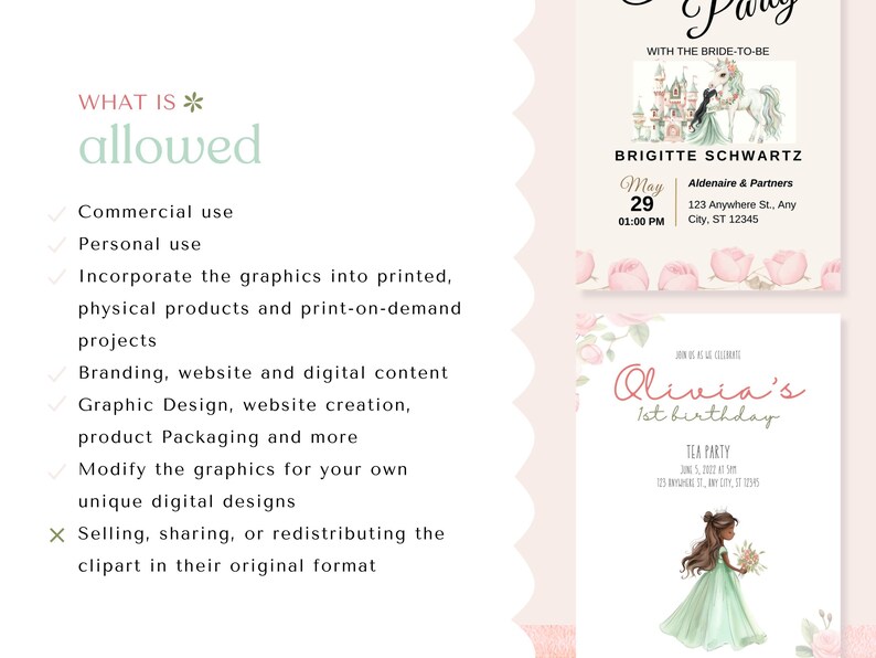 May include: A collection of invitation designs. One features a castle and unicorn, with text for a bridal shower. Another is for a tea party, with a girl in a green dress. The image also includes a list of allowed uses for the graphics.
