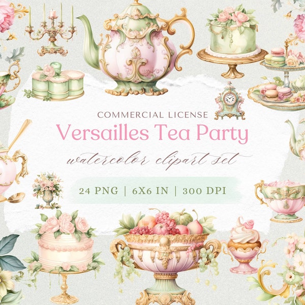 Versailles Tea Party Clipart, Clipart gâteau, tasse de thé clipart, Clipart aquarelle Tea Party, Tea Party PNG, Illustrations de thé, lot de cliparts