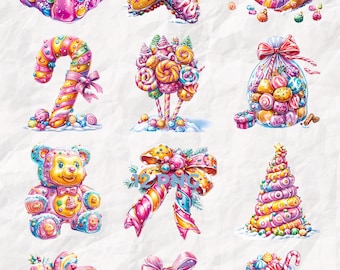 Op de afbeelding: Een verzameling van twaalf digitale illustraties met kleurrijke elementen in snoepthema, waaronder een geglazuurde taart, ster, lolly, zuurstok, boeket, cadeauzakje, teddybeer, strik, kerstboom, bloem, geschenk en een snoeppot.