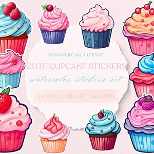 Watercolor Cupcake Sticker - Colorful Cupcake PNG - Set of 14 Cupcake Stickers - Watercolor Clipart - Dessert PNG - Dessert Stickers