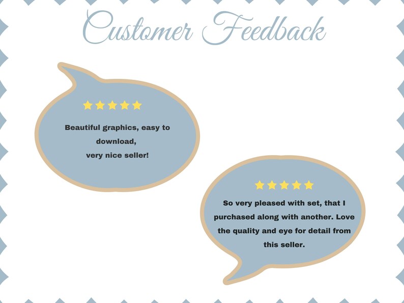 May include: Two customer reviews with five-star ratings. The first review says "Beautiful graphics, easy to download, very nice seller!" The second review says "So very pleased with set, that I purchased along with another. Love the quality and eye for detail from this seller."