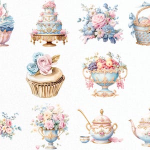 May include: A collection of vintage-inspired illustrations featuring a wedding cake, cupcakes, a fruit bowl, a basket, a teapot, a sugar bowl, and floral arrangements. The illustrations are done in a watercolor style with delicate details and pastel colors.