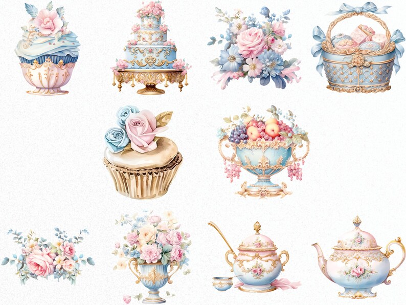 May include: A collection of vintage-inspired illustrations featuring a wedding cake, cupcakes, a fruit bowl, a basket, a teapot, a sugar bowl, and floral arrangements. The illustrations are done in a watercolor style with delicate details and pastel colors.