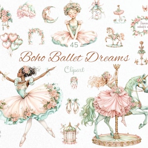Aquarela Boho Carrossel Clipart, Conjunto de berçário de carrossel de bailarina, Bllerina caprichosa PNG, gráficos de bebê bailarina png, Clipart de chá de bebê