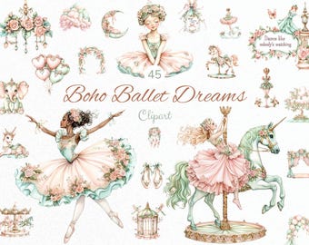Watercolor Boho Carousel Clipart, Ballerina Carousel Nursery Set, Whimsical Bllerina PNG, ballerina baby graphics png, Baby Shower Clipart