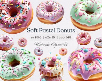 Pastel Donut Clipart: Watercolor Dessert PNG Bundle (Digital Download)