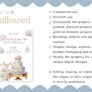 May include: A watercolor illustration of a tea party invitation for a girl's first birthday. The invitation features a blue and white cake, a teapot, and a cupcake. The text on the invitation reads "Olivia's 1st birthday" and "Tea Party".